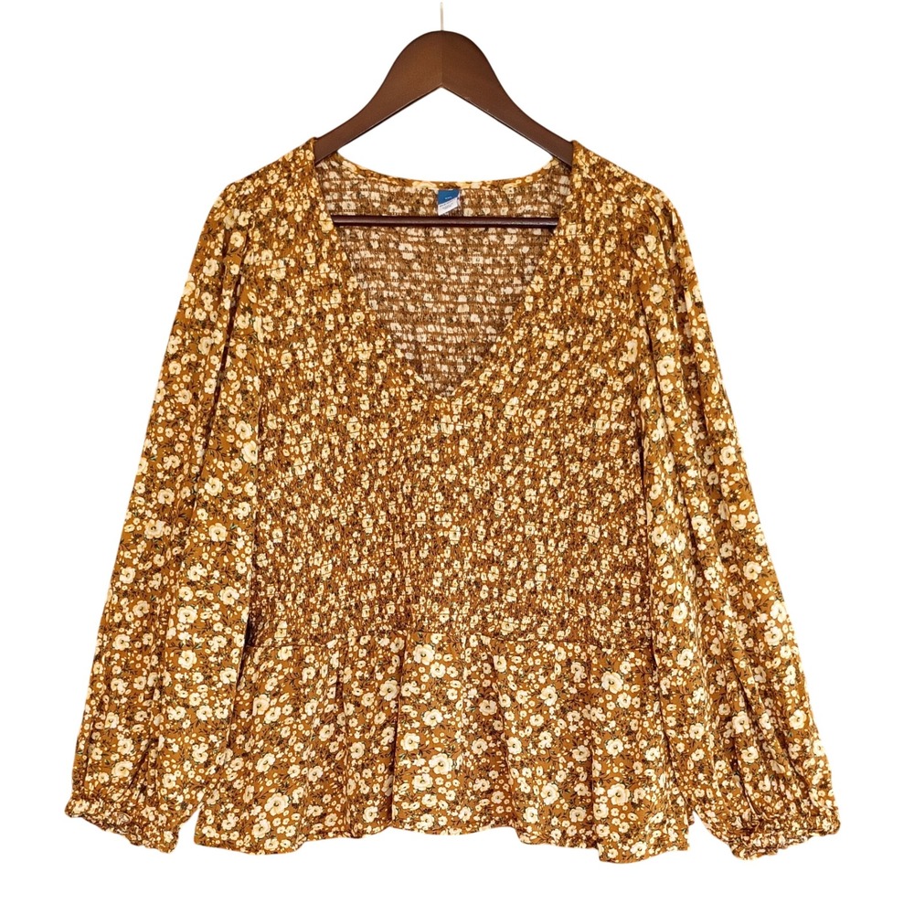 Old Navy Womens XXL Mustard Floral Smocked Peplum V-Neck Long Sleeve Blouse